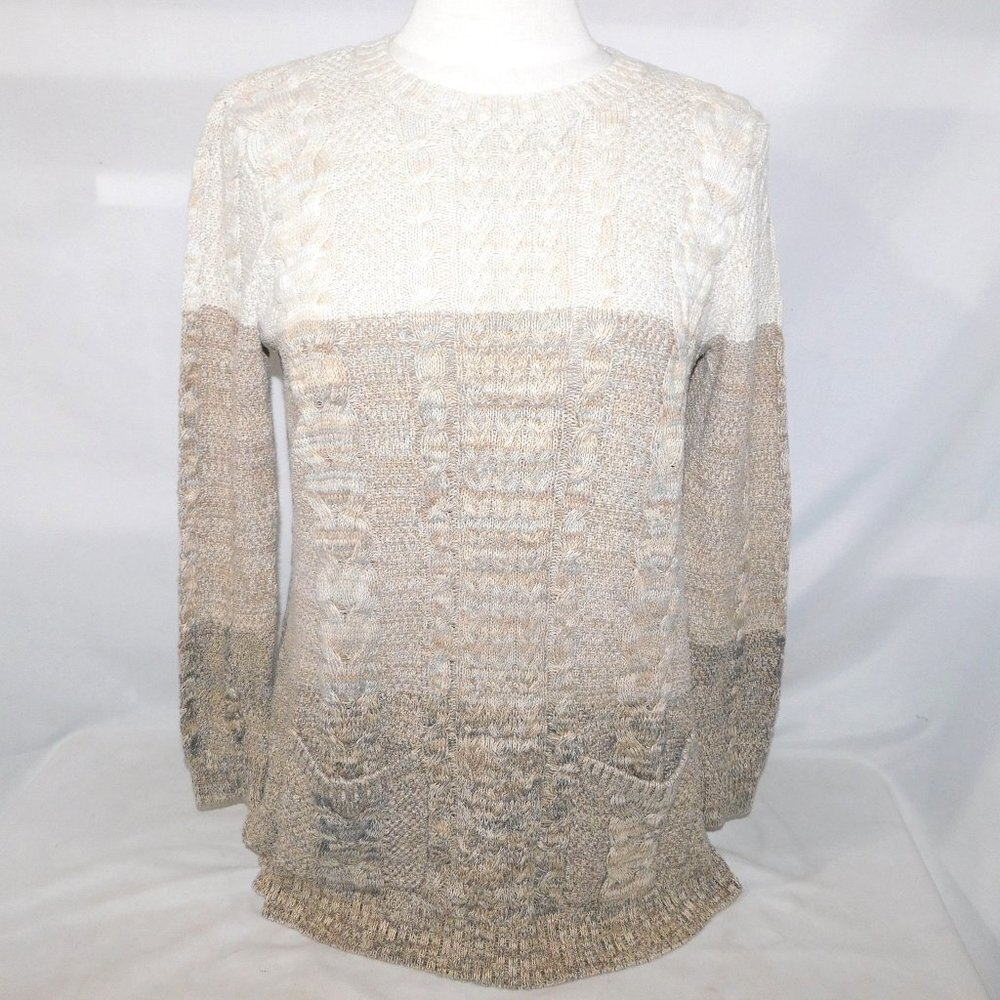 Tri Colour cotton cable knit front pockets sweater Jeanne Pierre Womens M